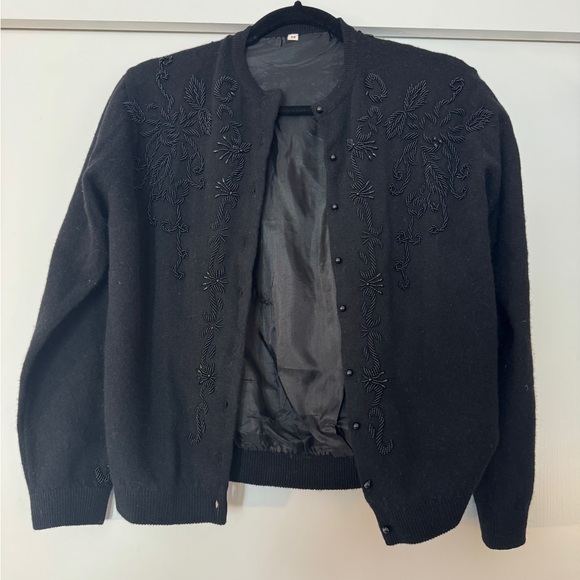 Sweaters - Vintage 1960s Black Beaded Wool Cardigan | Hong Kong | Size 38